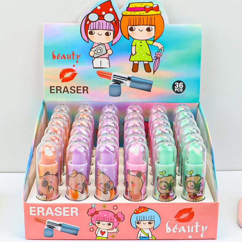 Cute Lipstick Erasers for Kids (36-Piece Display Box) – Novelty Cartoon Rubber Erasers Set