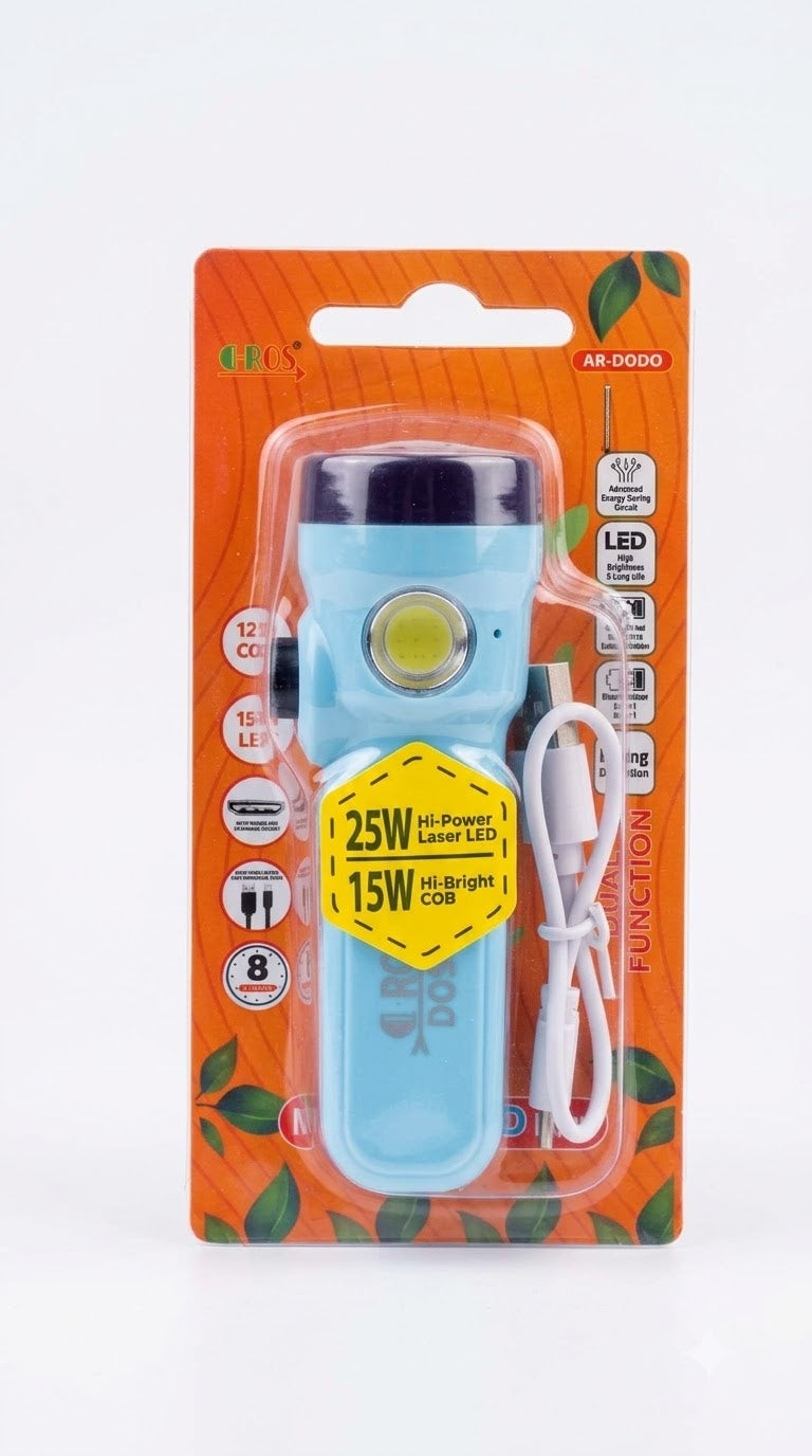 A-ROS AR-DODO Dual Function Rechargeable Flashlight – 25W Laser LED Torch & 15W COB Work Light Emergency Lamp
