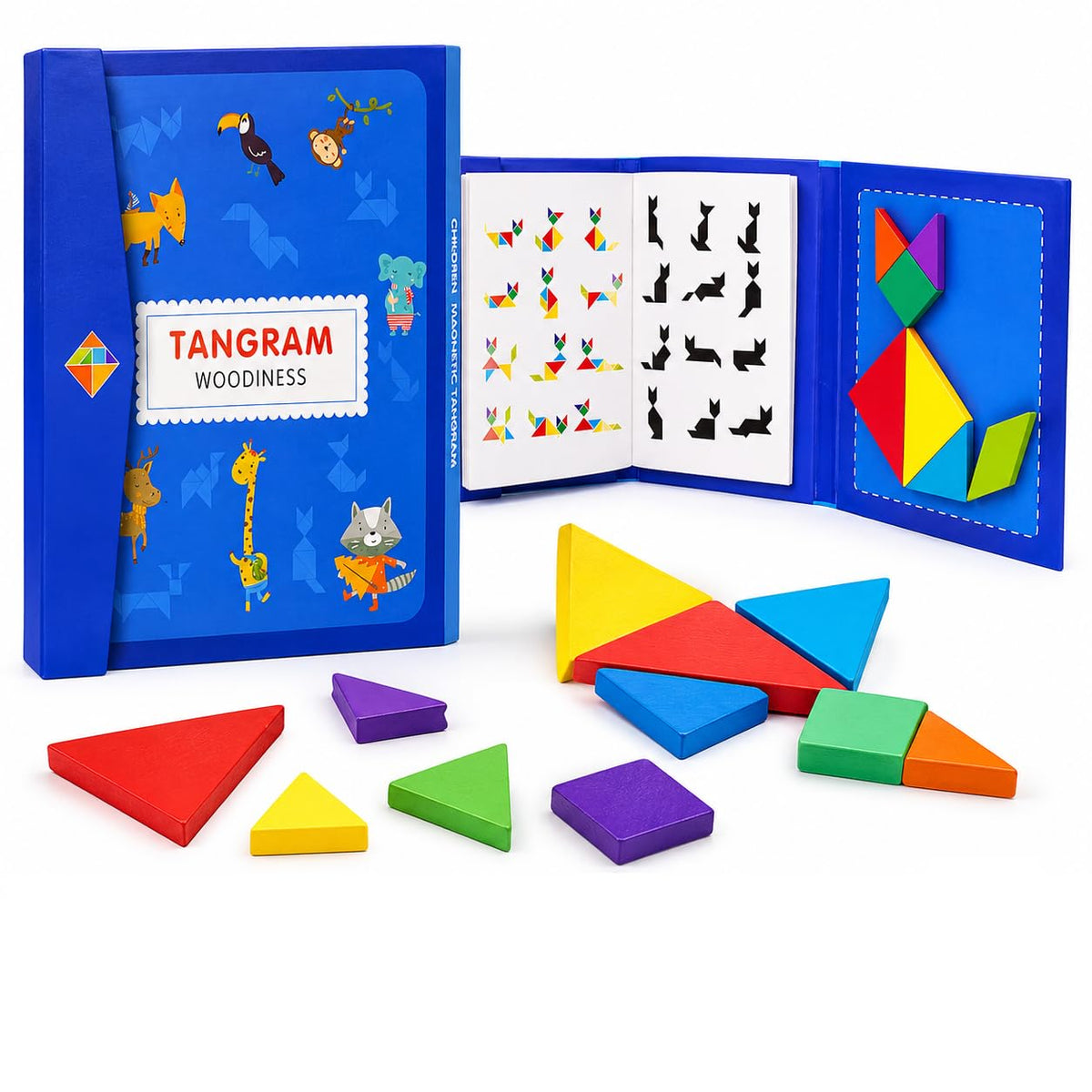 Magnetic Wooden Tangram Puzzle Book Game – Travel Friendly Geometric Shape Jigsaw Toy for Kids
