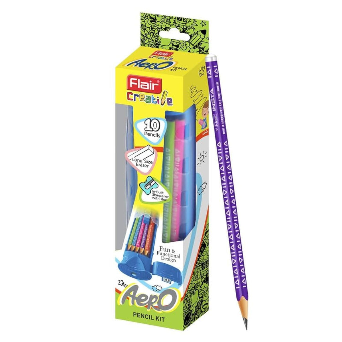 Flair Creative Aero Pencil Kit – Pack of 10 Premium Writing Pencils with In-Built Box Sharpener & Long Size Eraser, Cute School Supplies Set