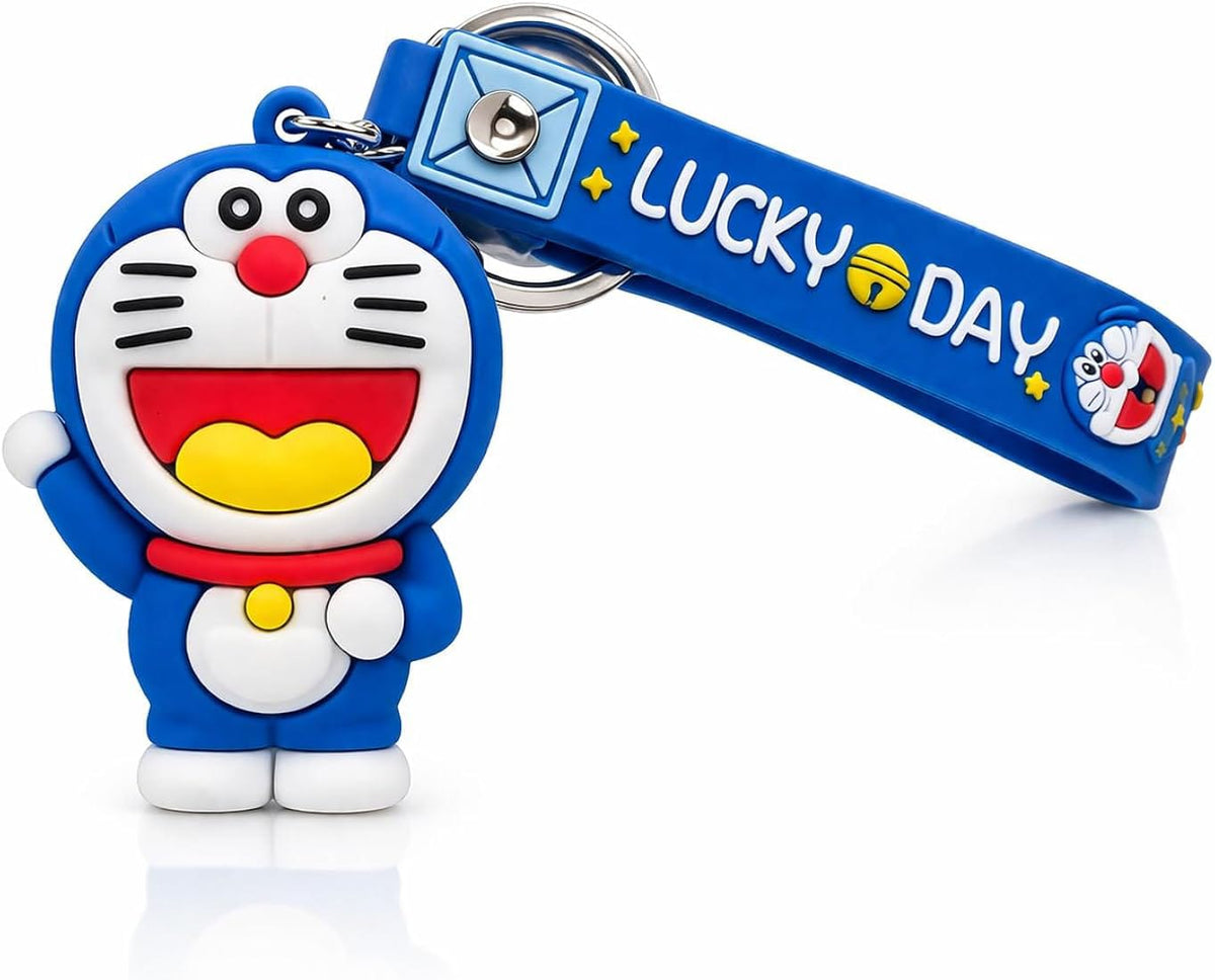Cute 3D Silicone Doraemon Keychain with "Lucky Day" Wrist Strap | Cartoon Anime Bag Charm & Keyring