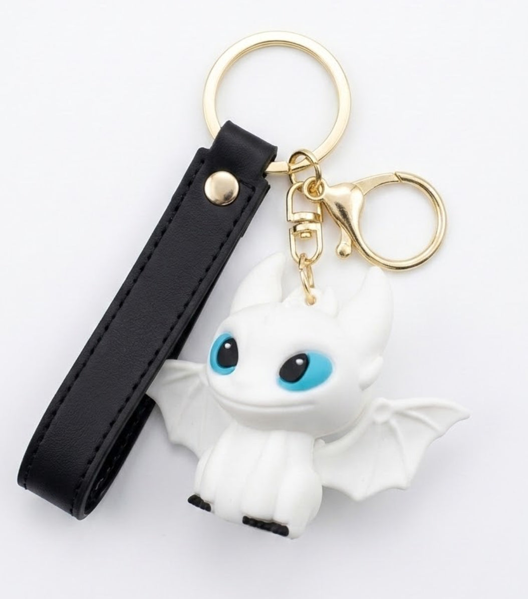 Dragon Light Fury Rubber Keychain – Cute Chibi Dragon Keyring with Black Strap