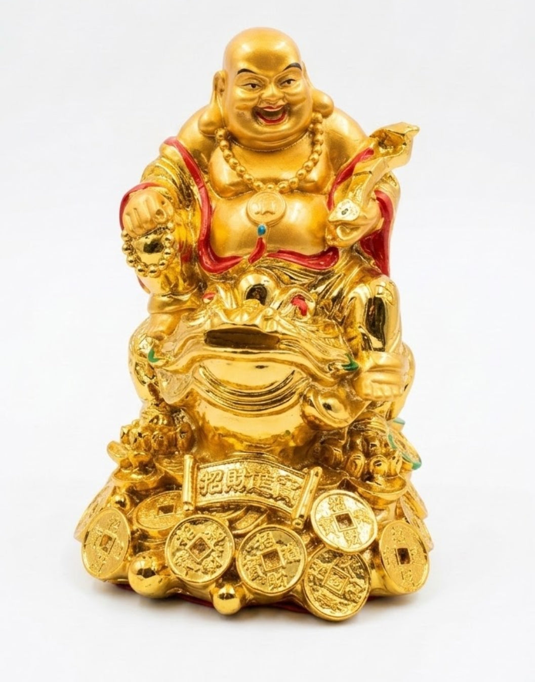 Golden Laughing Buddha Sitting on Money Frog – Feng Shui Statue for Wealth & Good Luck