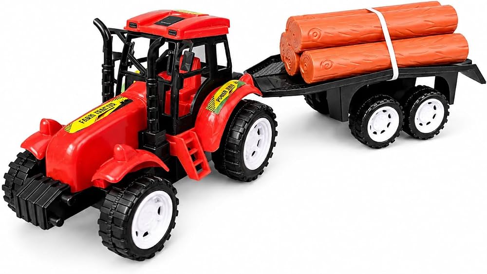 Red Toy Farm Tractor with Detachable Log Trailer – Friction Powered Logging Truck Play Vehicle, Cute Novelty Construction & Farm Toy for Kids