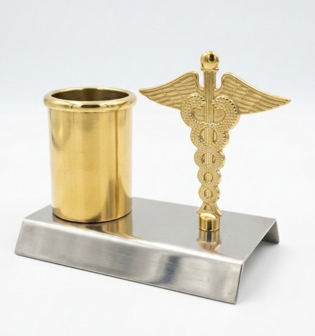 Doctor Caduceus Brass Pen Holder – Luxury Medical Symbol Desk Organizer Gift