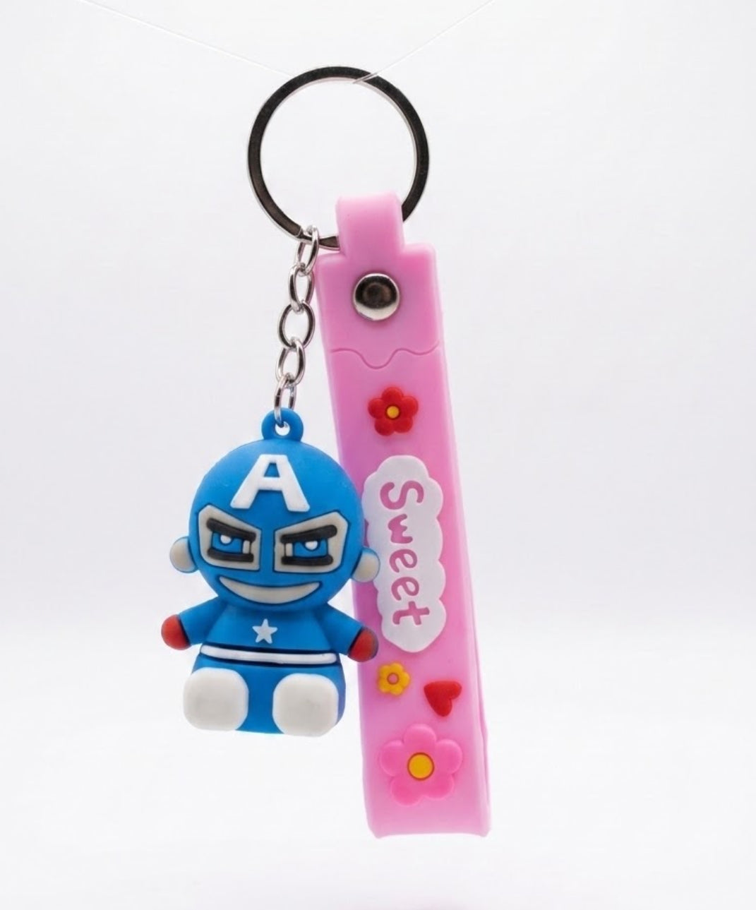 Captain America Figure Keychain | Chibi Marvel Superhero Keyring with Pink Strap