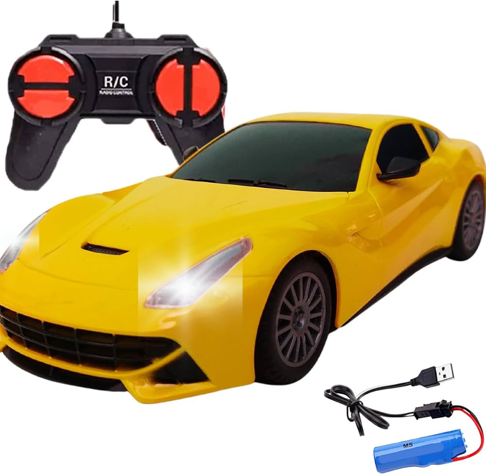 Rechargeable Yellow RC Sports Car Toy – Remote Control Racing Car with Functional LED Headlights and USB Charging Cable