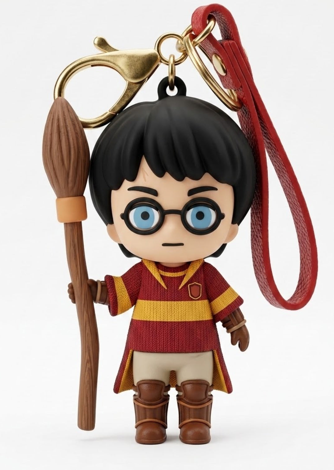 Harry Potter Quidditch Rubber Keychain with Broomstick – Cute Chibi Wizard Keyring with Red Strap