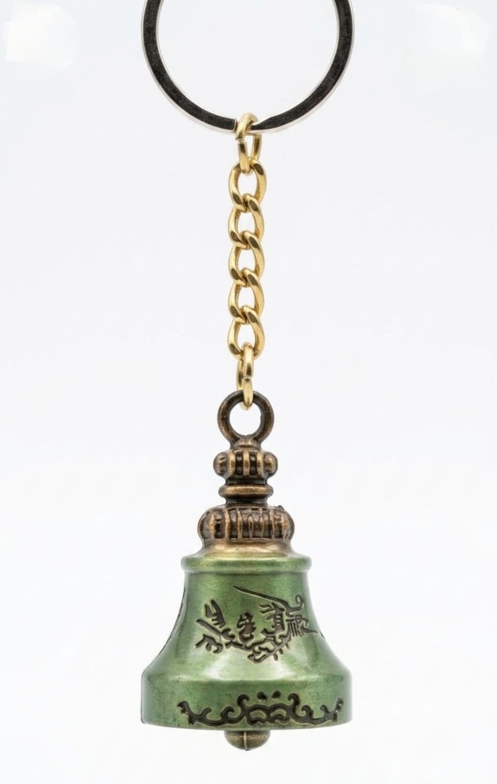 Vintage Bronze & Green Patina Bell Keychain – Antique Metal Lucky Dragon Keyring