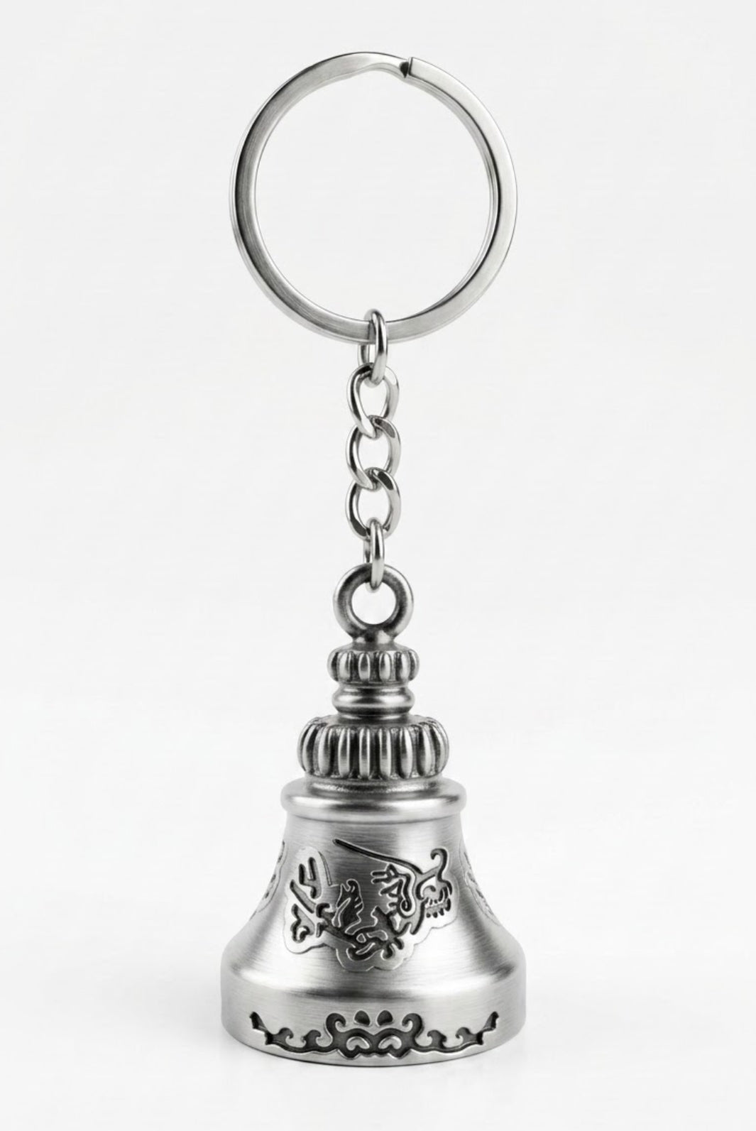 Vintage Silver Guardian Bell Metal Keychain – Lucky Dragon Engraved Biker Keyring