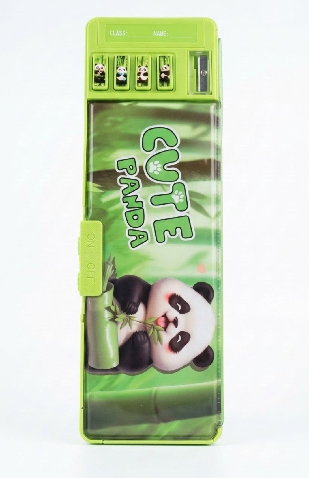 Cute Panda Kids Pencil Box – Multi-Functional Green Plastic Geometry Box, Kawaii Cartoon Panda Stationery Organizer with Push-Button Pop-Up Sharpener for School
