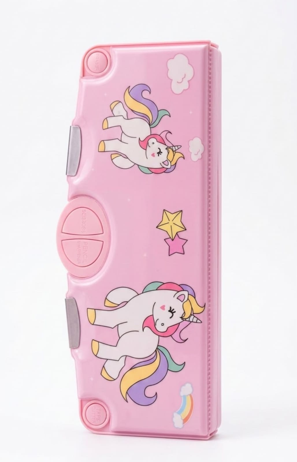 Cute Unicorn Kids Pencil Box – Multi-Functional Pink Plastic Geometry Box, Kawaii Rainbow Unicorn Stationery Organizer with Mechanical Push-Button Pop-Up Drawers for School Girls