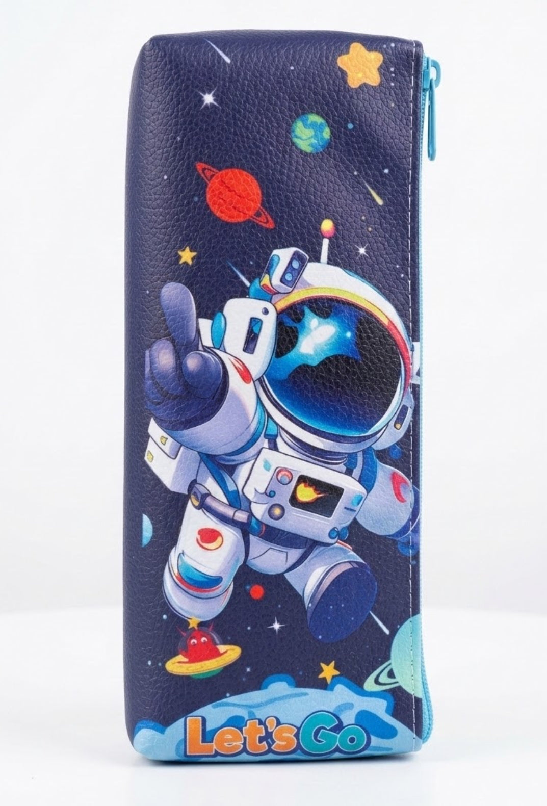 Cute Astronaut Pencil Case – Kids Outer Space Stationery Pouch, Navy Blue Faux Leather Pen Case with Planets & "Let's Go" Graphic Organizer for Boys & School Students