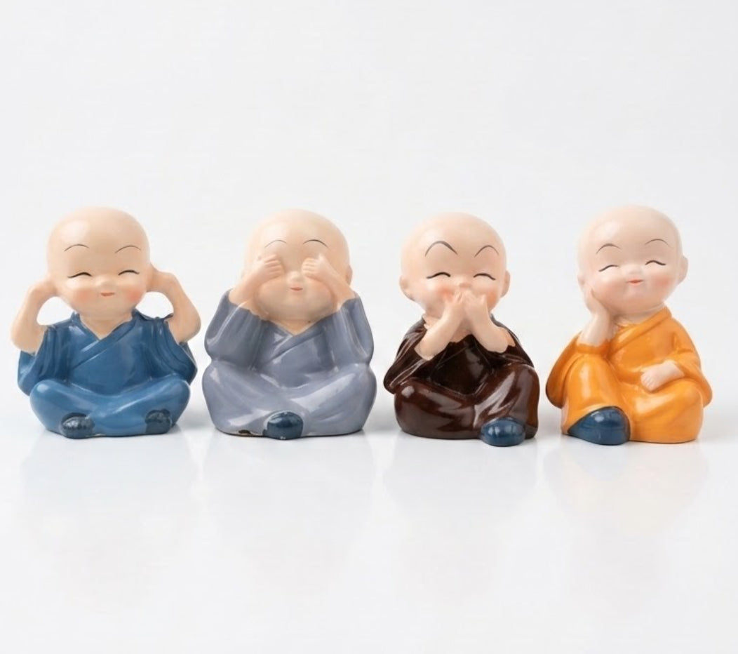 Cute Buddha Monk Figurines Set of 4 – Hear See Speak No Evil Miniature Monks