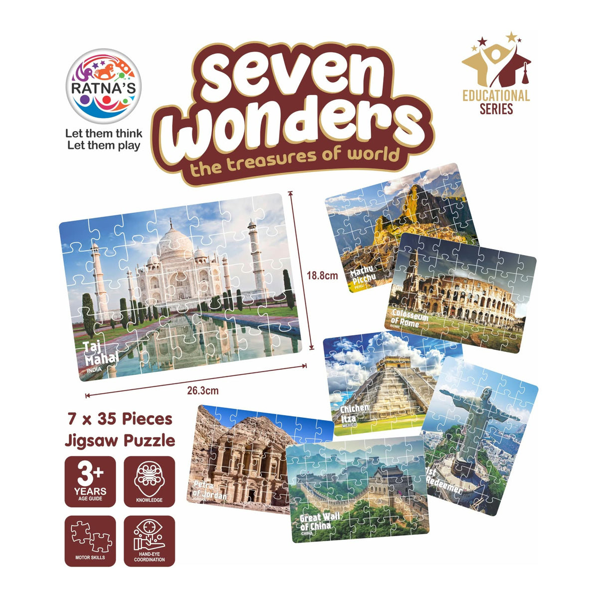 Ratna's Seven Wonders of the World Jigsaw Puzzle Set – 7-in-1 Educational Multi-Pack Jigsaw Puzzles for Kids Age 3+