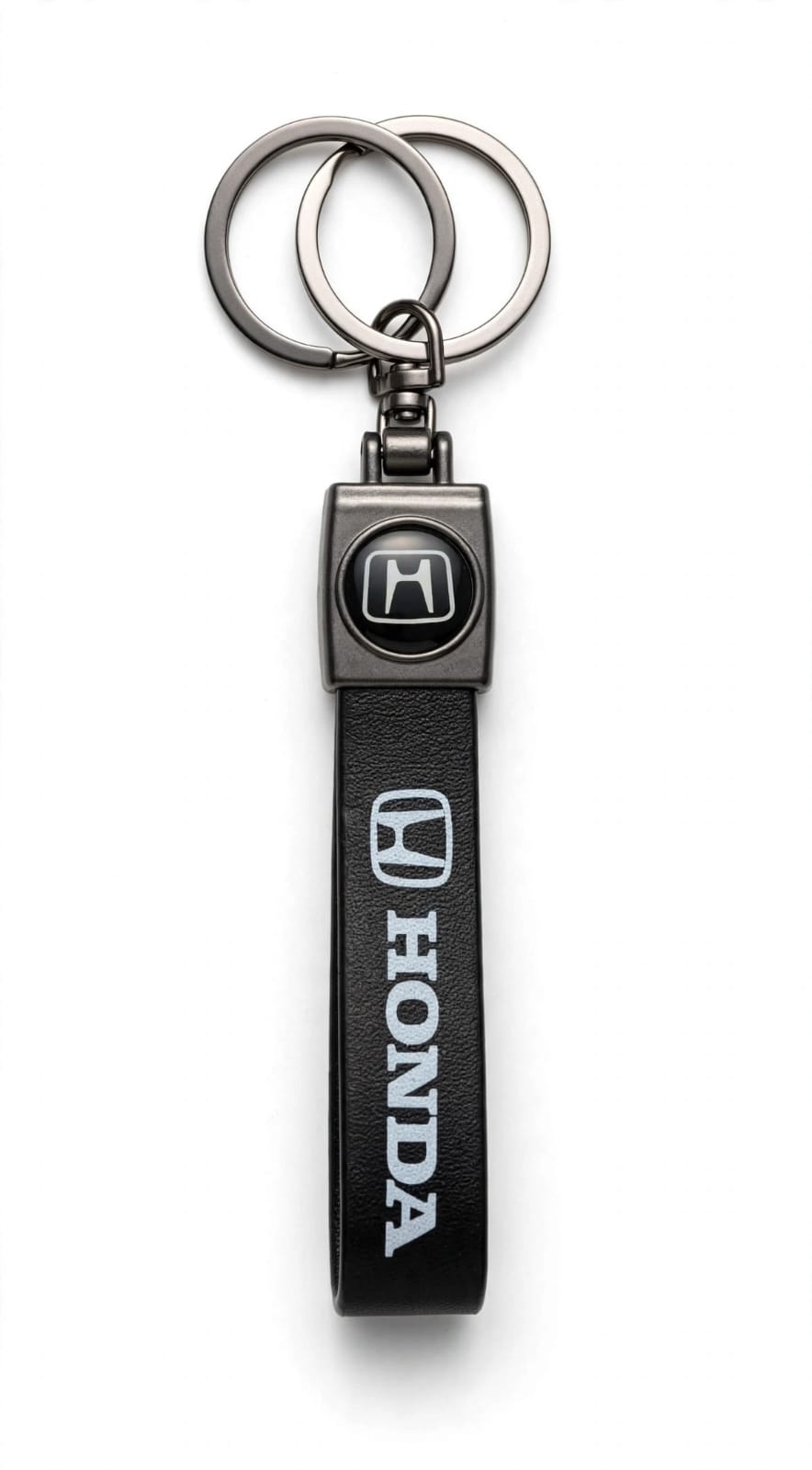 Honda Logo Black Leather Car Keychain – Premium Fob Keyring with Gunmetal Dual Rings