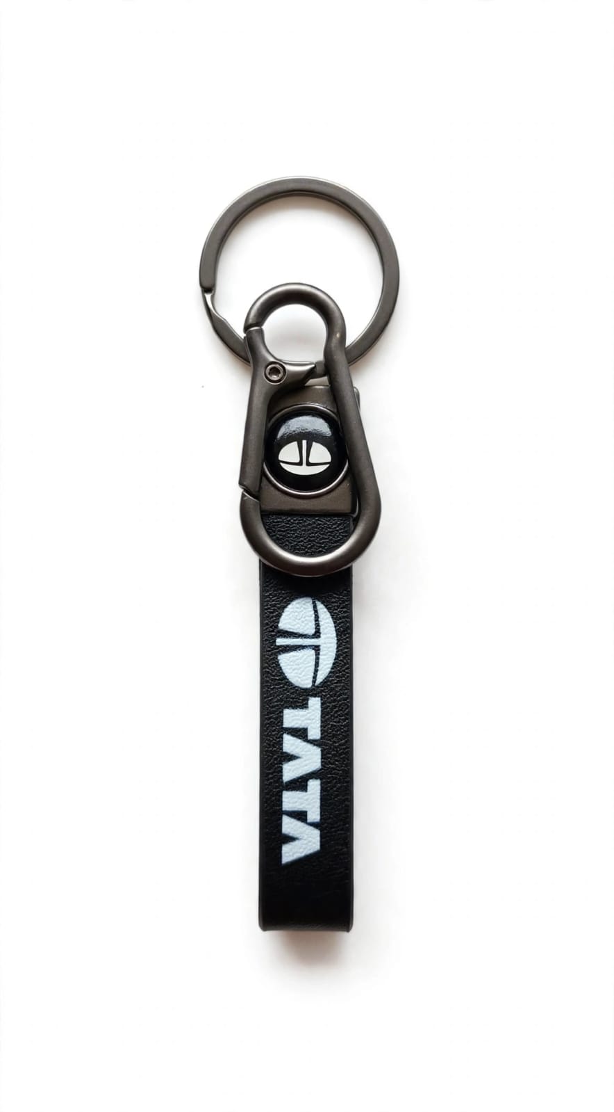Tata Motors Logo Black Leather Car Keychain – Premium Fob Keyring with Gunmetal Clip