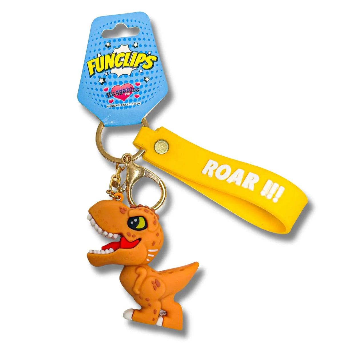 Funclips Huggables 3D T-Rex Dinosaur Silicone Keychain with Yellow Wrist Strap – Cute "ROAR!!!" Cartoon Dino Keyring – Durable Kids Backpack Charm & Car Key Accessory Gift