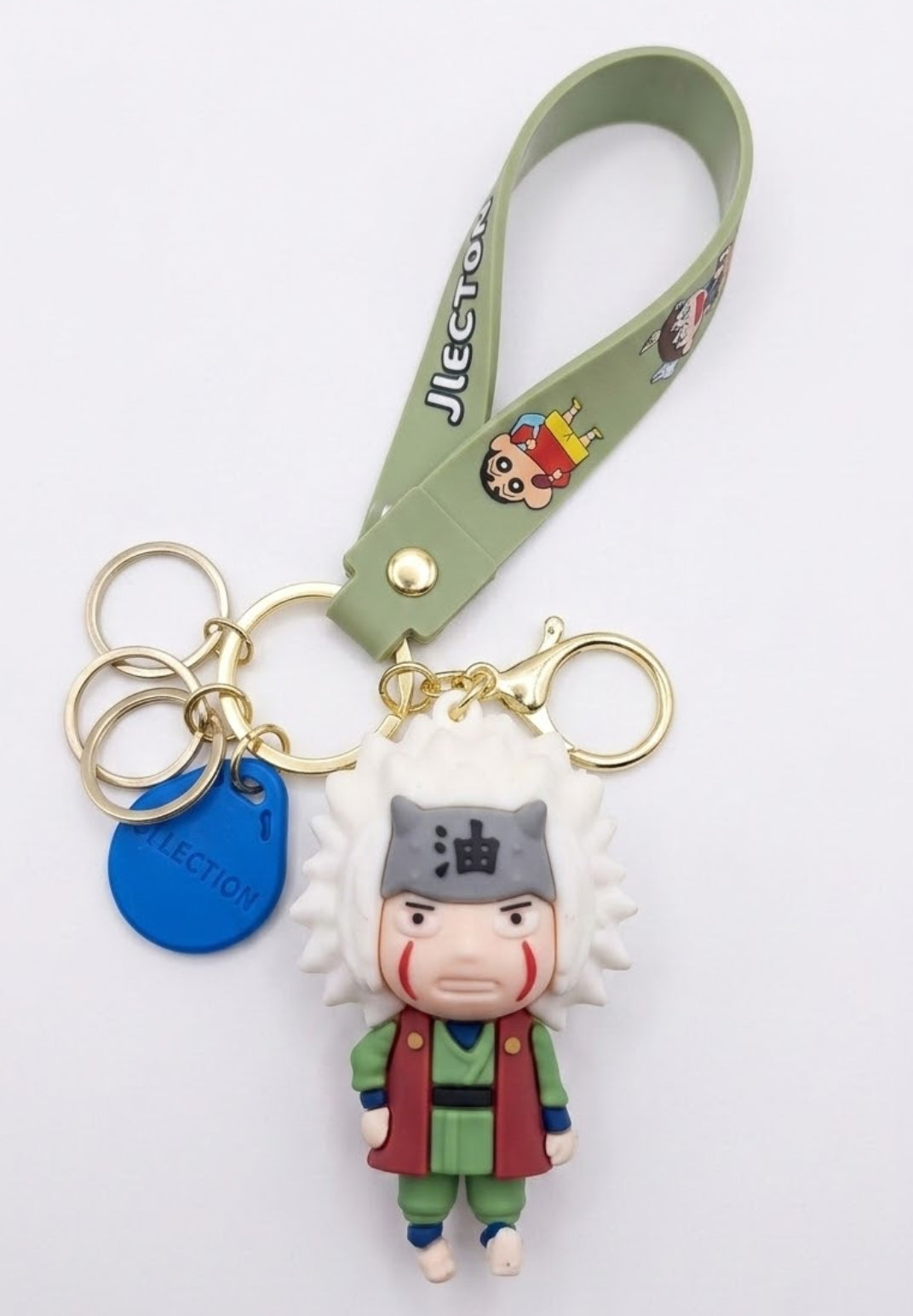Naruto Jiraiya Rubber Keychain with Sage Green Wrist Strap – Cute Chibi Anime Figure Keyring