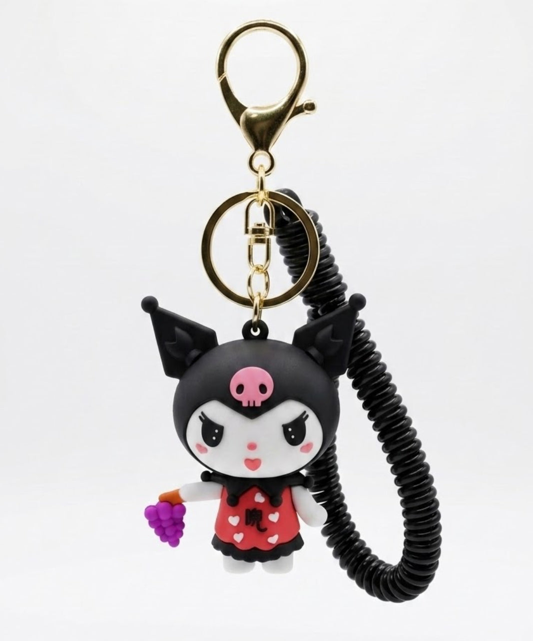 Sanrio Kuromi 3D Figure Keychain with Black Spiral Spring Wristlet Coiled Strap