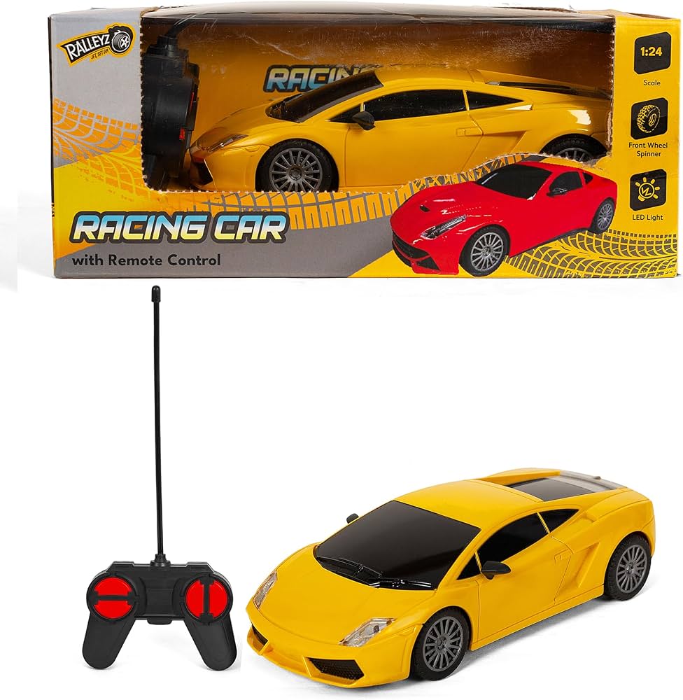 Ralleyz 1:24 Scale Remote Control Racing Car – Yellow RC Sports Car Toy with Front Wheel Spinner and LED Lights