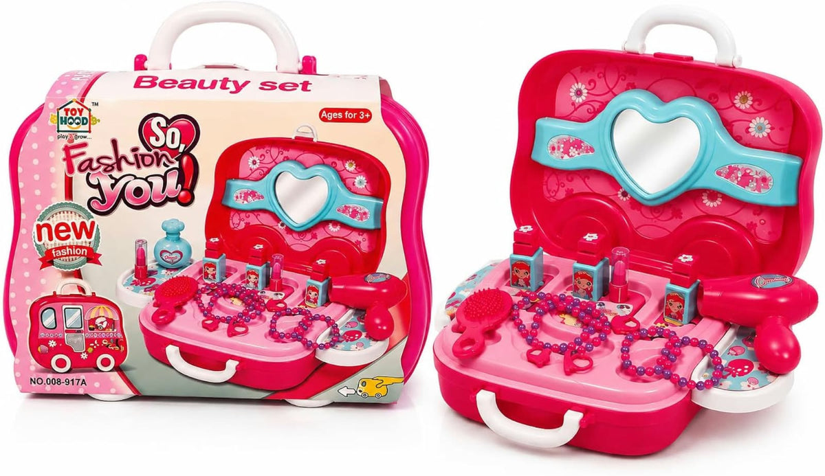Toy Hood Kids Pretend Play Makeup Beauty Set – Portable Toy Suitcase Vanity Kit with Hair Dryer, Mirror & Accessories, Role Play Toy for Kids Ages 3+