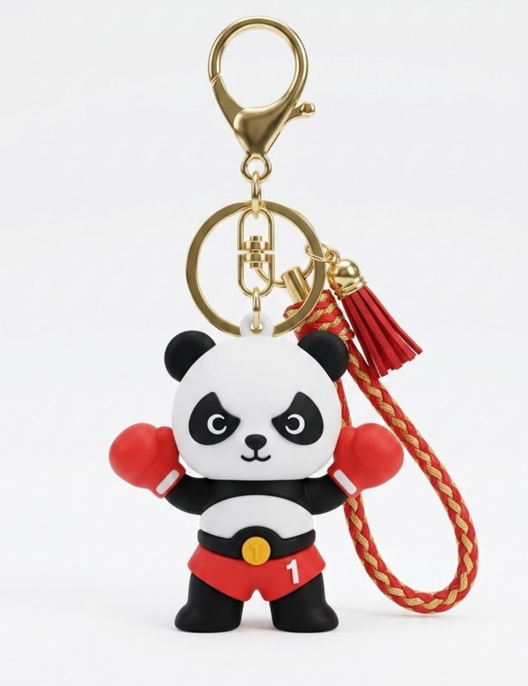 Cute Boxing Panda Silicone Keychain with Braided Rope Strap & Tassel – 3D Cartoon Fighter Bear Backpack Charm & Car Key Ring Accessory