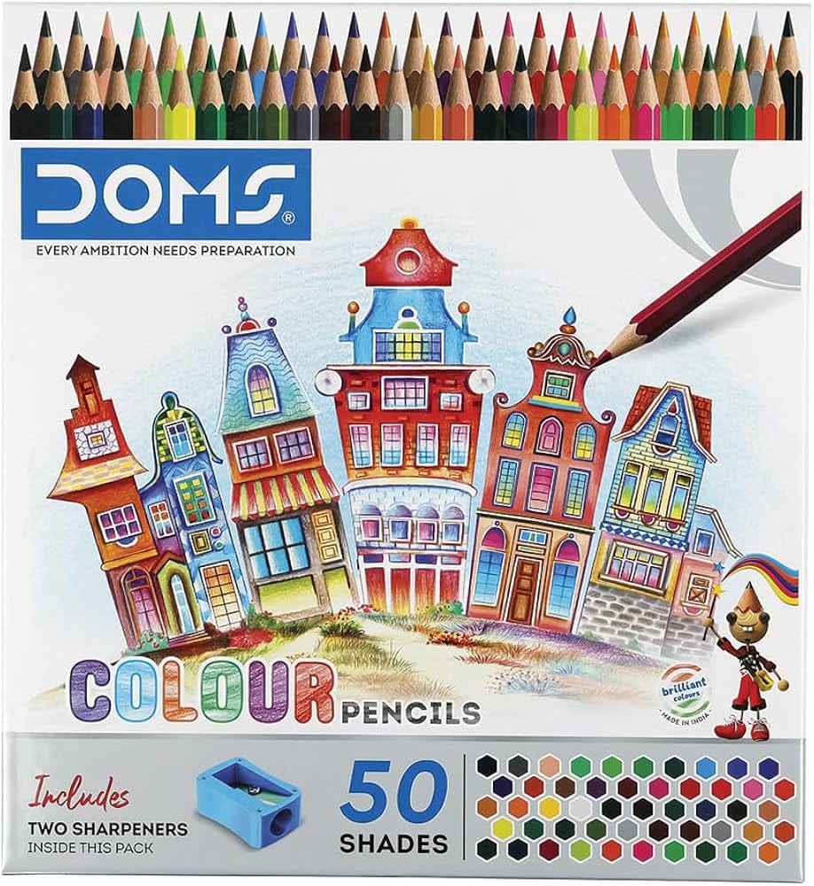 DOMS Premium Colour Pencils Set (50 Shades) – Vibrant Artist Coloring Pencils Kit with 2 Free Sharpeners for Kids, Students, Drawing & Sketching