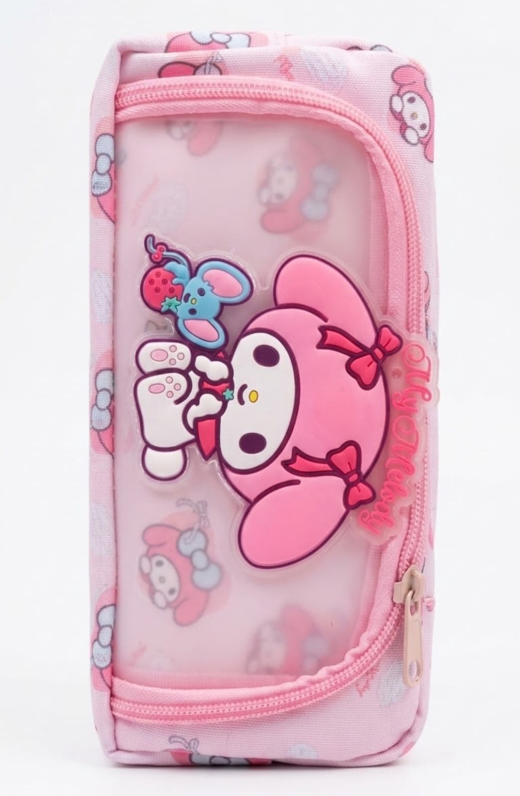 Cute My Melody Pencil Case – Kawaii Pink Sanrio Themed Pencil Pouch, Clear Window Stationery Organizer with 3D My Melody & Flat Mouse Accent for Girls & Kids