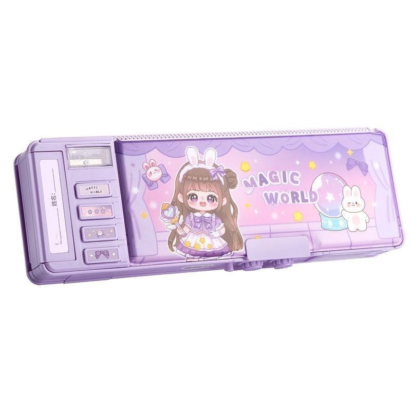 Kawaii Anime Girl Multi-Functional Pencil Box – Purple Magic World Mechanical Case with Pop-Up Buttons & Sharpener