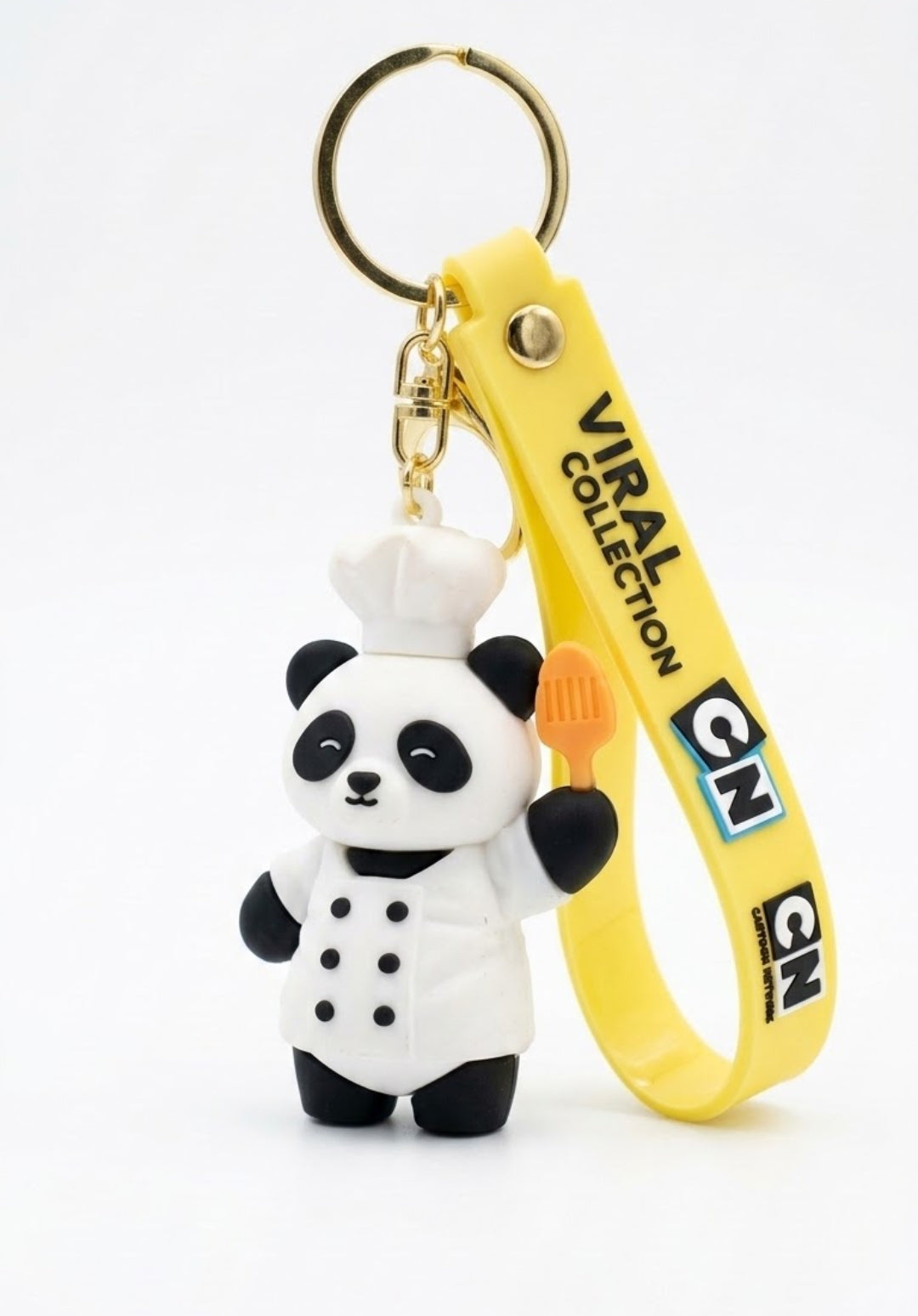 Cute 3D Chef Panda Silicone Keychain with Yellow Lanyard Strap | Kawaii Animal Bag Charm & Keyring Accessory