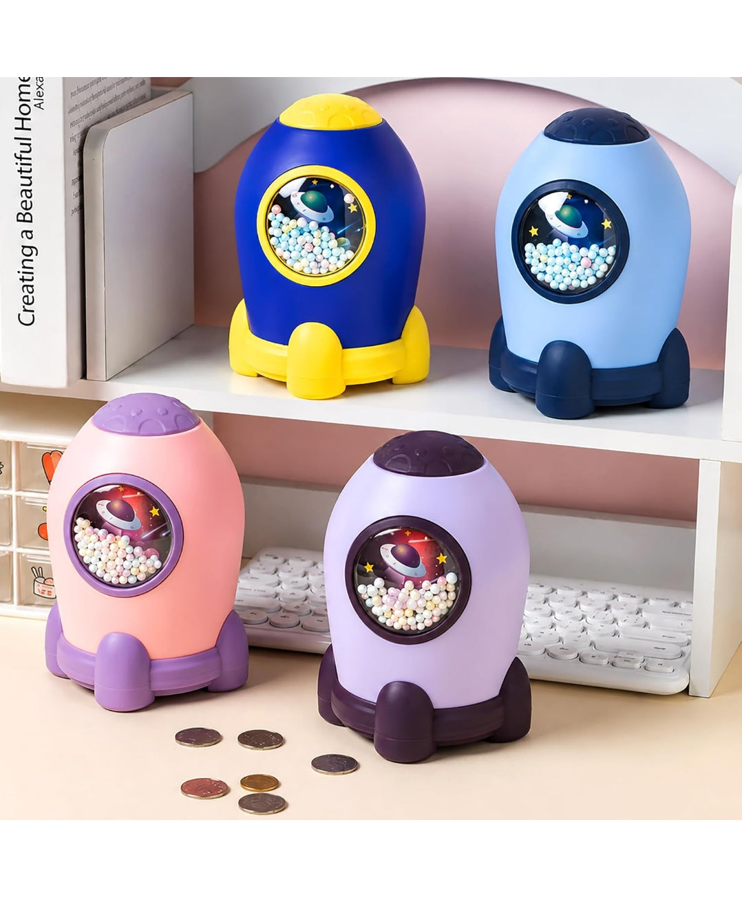 Rocket Ship Kids Piggy Bank – Cute Spaceship Coin Saving Box with Clear Display & Decorative Beads