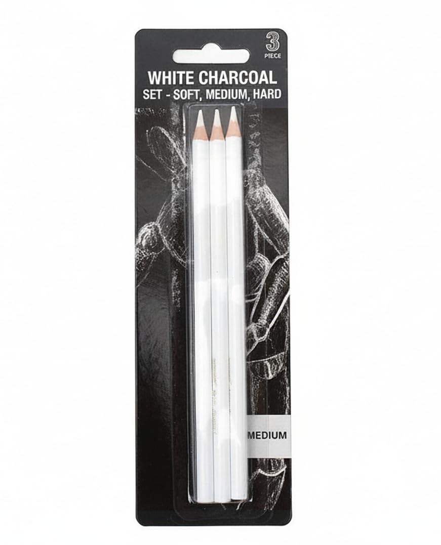 Mont Marte White Charcoal Pencils Set – 3-Piece Assorted Sketch Highlight Pencils (Soft, Medium, Hard)