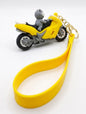 Cute Cartoon Bear on Motorcycle Rubber Keychain – Yellow Sport Bike Keyring with Wrist Strap