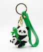 Cute Panda Bear on Bamboo Rubber Keychain – Dual Panda Keyring with Green Wrist Strap