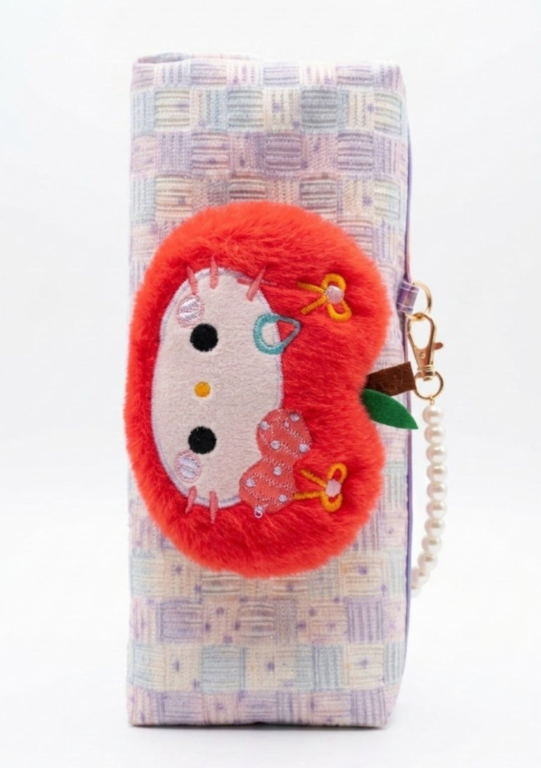 Cute Hello Kitty Pencil Case – Kawaii Plush Red Apple Stationery Pouch, Large Capacity Woven Pastel Pen Case with Faux Pearl Wristlet Strap for Girls