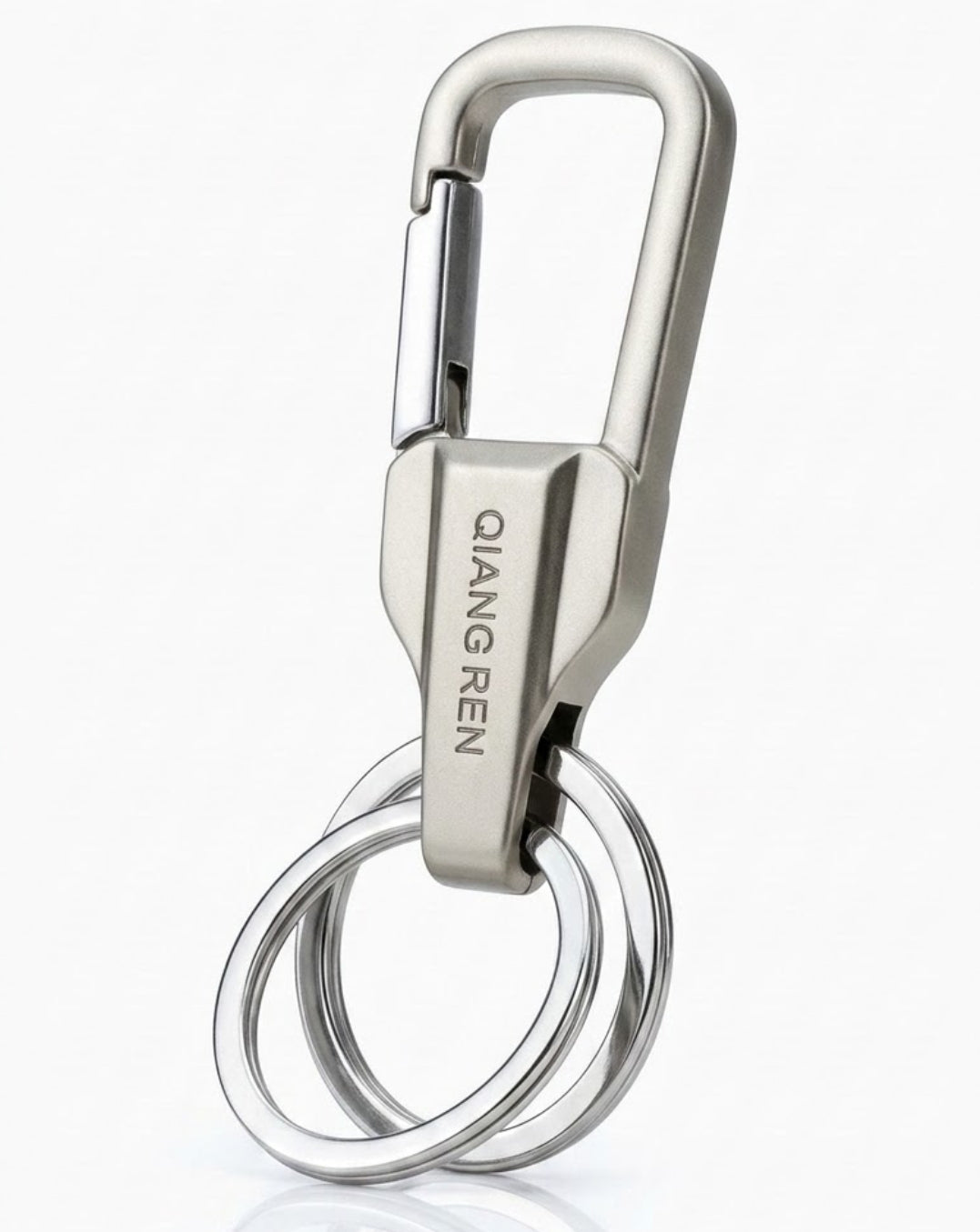 Qiang Ren Heavy Duty Carabiner Keychain with Dual Rings – Premium Matte Silver Key Clip