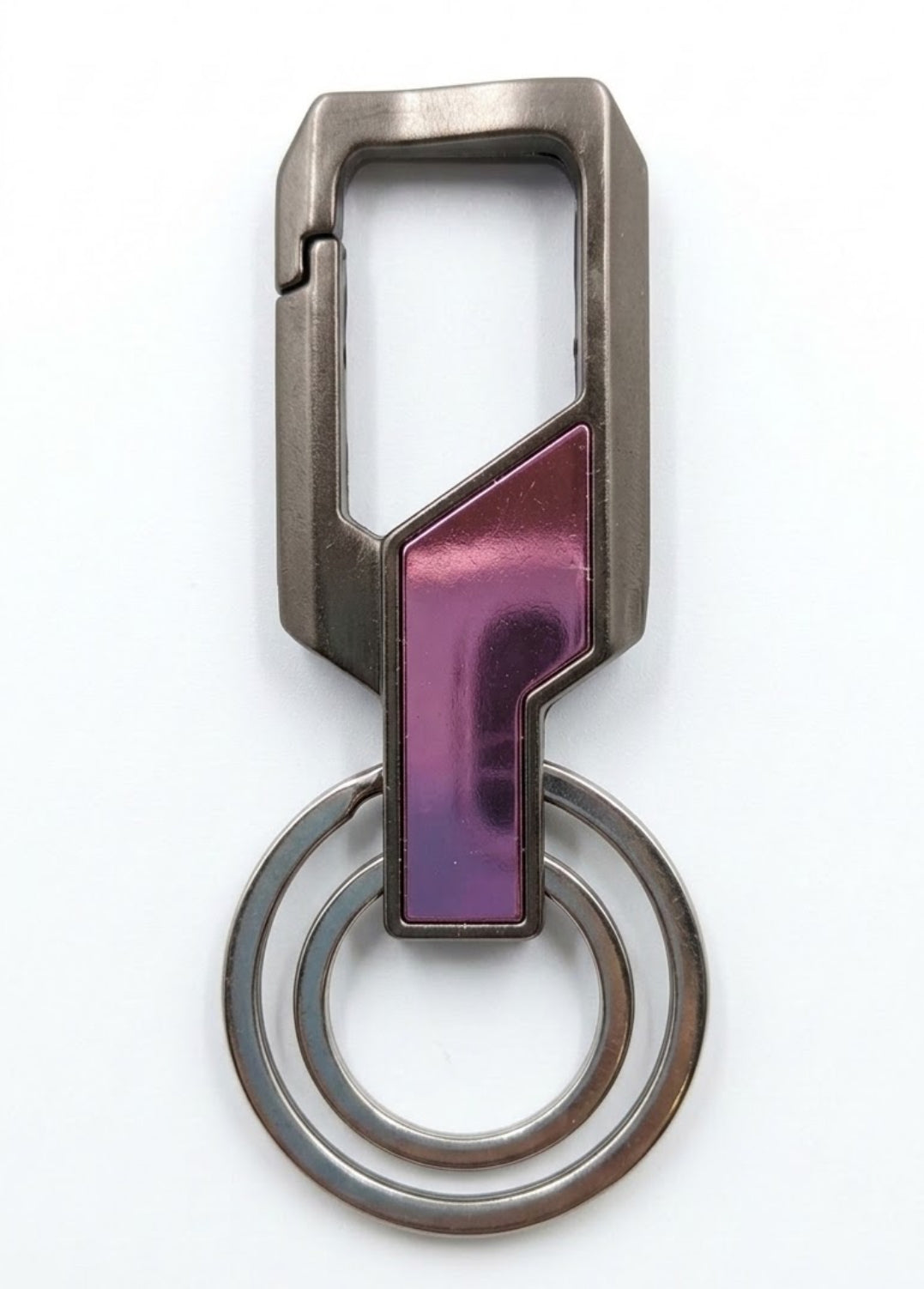 Heavy Duty Gunmetal Carabiner Keychain with Purple Accent – Dual Ring Belt Loop Key Clip