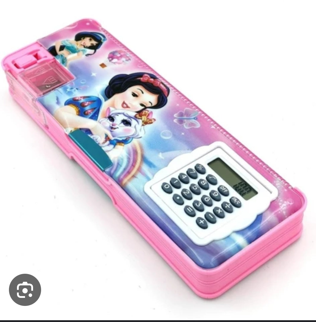Disney Princess Calculator Geometry Box Magnetic Lock, Inbuilt Calculator, and Dual Compartment Organizer Art Plastic Pencil Box (Set of 1, Multicolor)