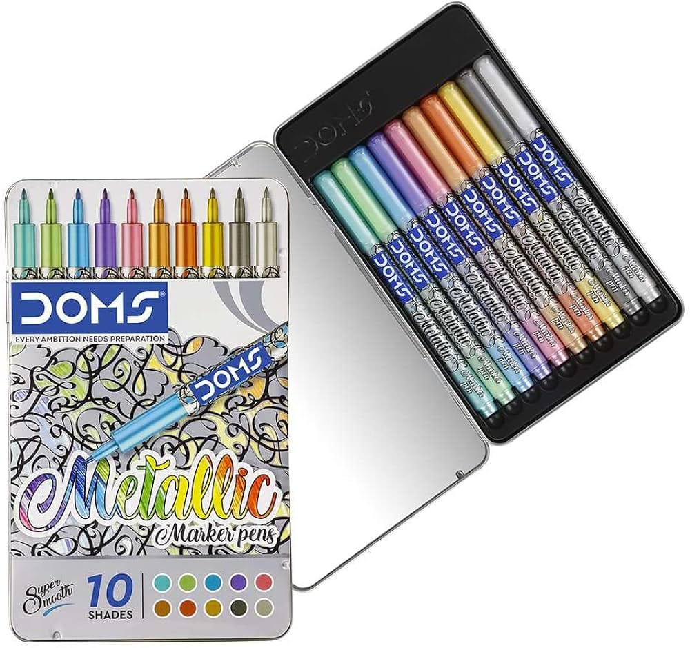 DOMS Metallic Marker Pens Set (10 Shades) – Premium Super Smooth Fine Tip Shimmer Markers in Protective Metal Tin Case for DIY Art, Craft & Journaling