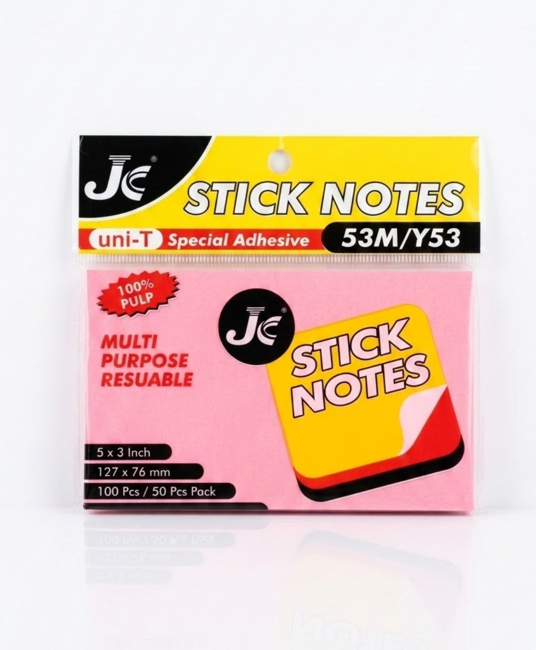 JC Stick Notes 5x3 Inch Pink Sticky Pad – Multi-Purpose Reusable Self-Adhesive Memo Pads – 100% Wood Pulp Sticky Notes for Office, School Study, and Desktop Reminders