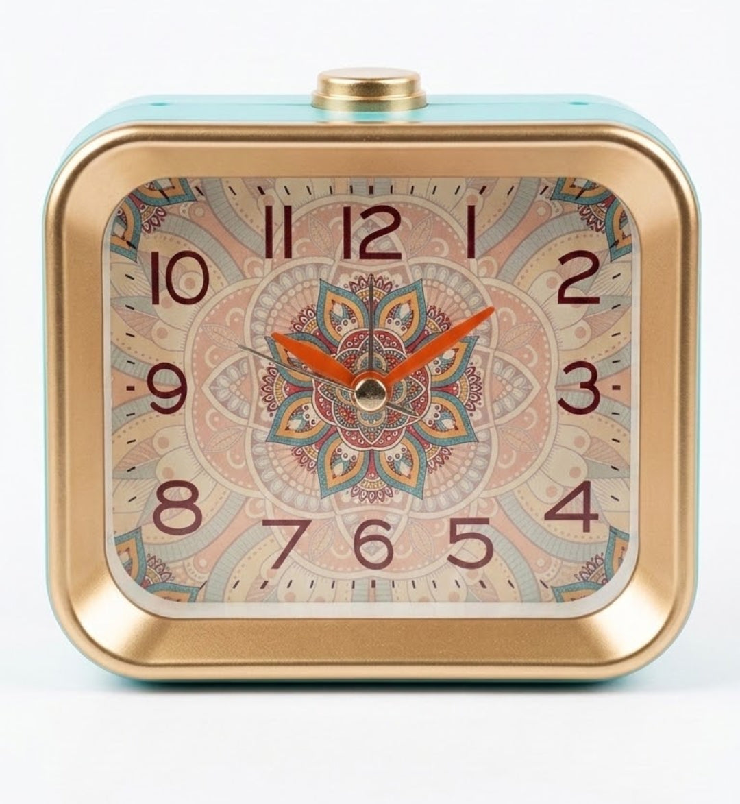Vintage Square Alarm Clock with Mandala Face – Gold & Turquoise Accent Clock