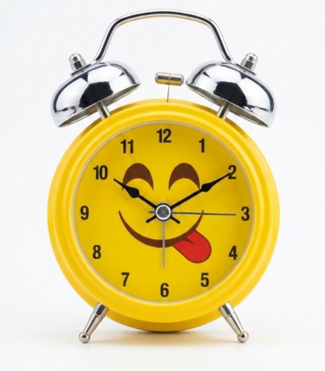 Retro Yellow Emoji Twin Bell Alarm Clock – Loud Mechanical Desk Clock with Tongue-Out Face, Cute Novelty Bedroom Decor for Kids & Teens