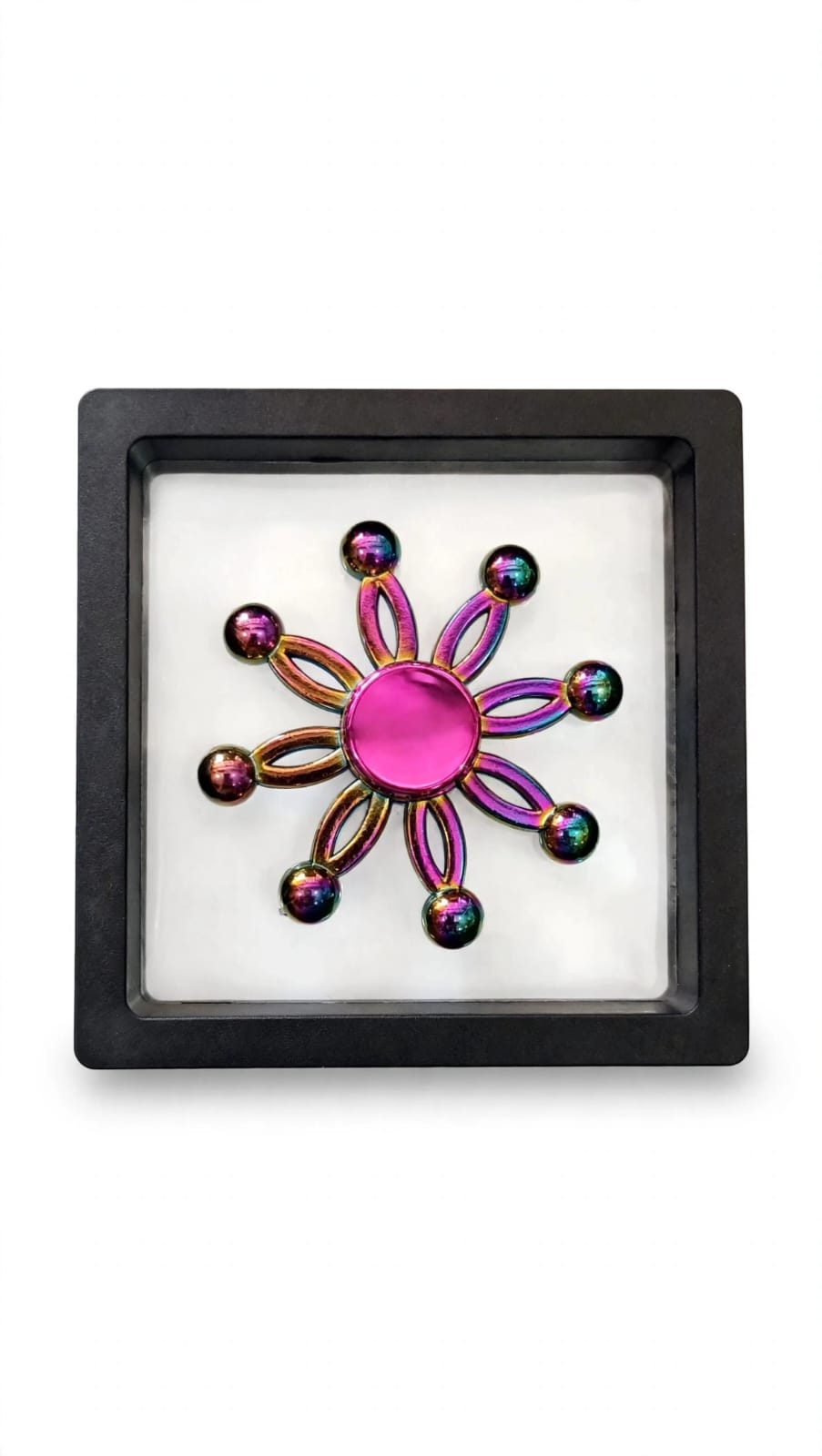 Rainbow Metal Flower Fidget Spinner with 3D Floating Frame Display Case – 8-Arm Bead Desk Toy