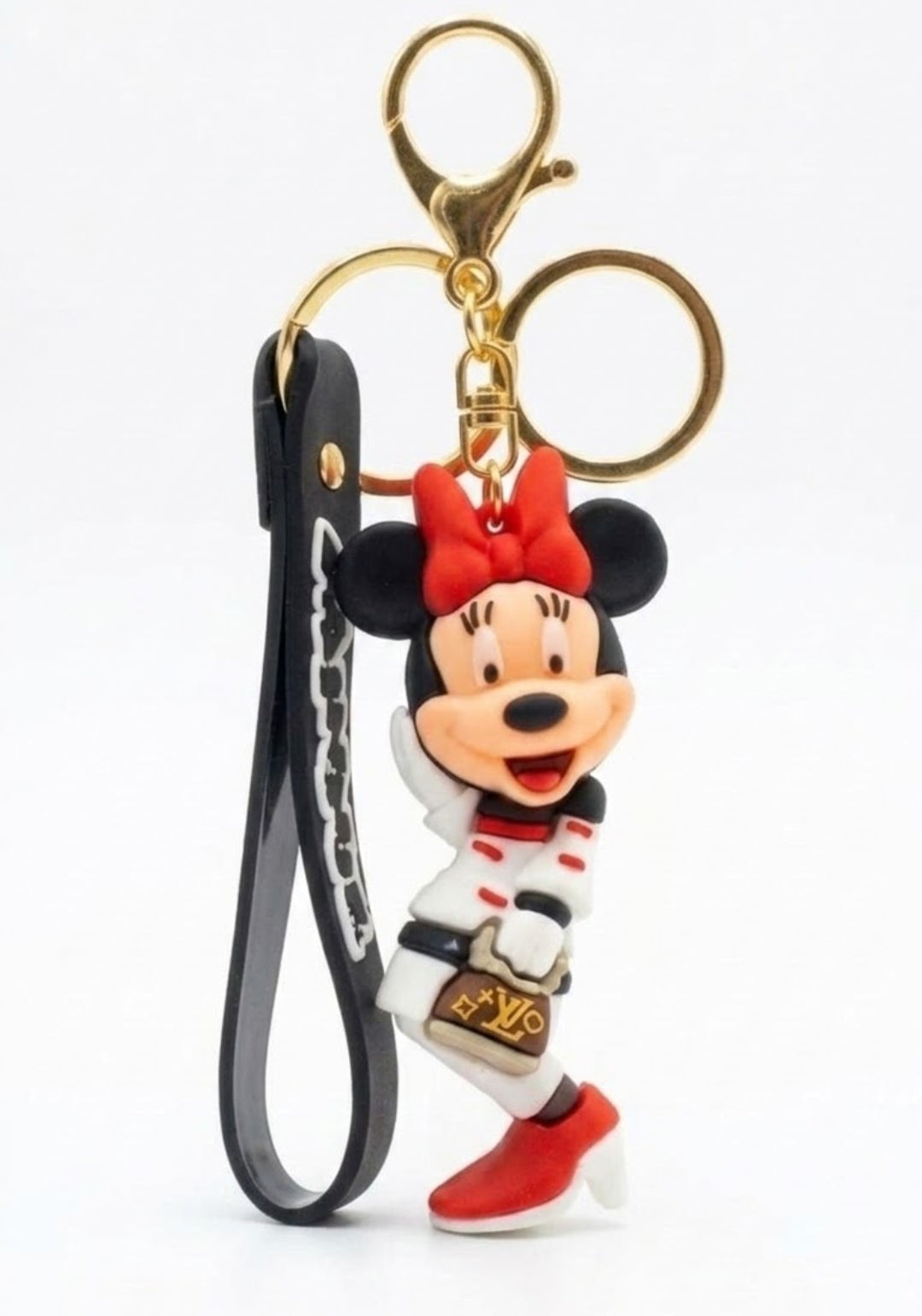 Disney Minnie Mouse Fashion Rubber Keychain with Wristlet – Cute Cartoon Character Keyring