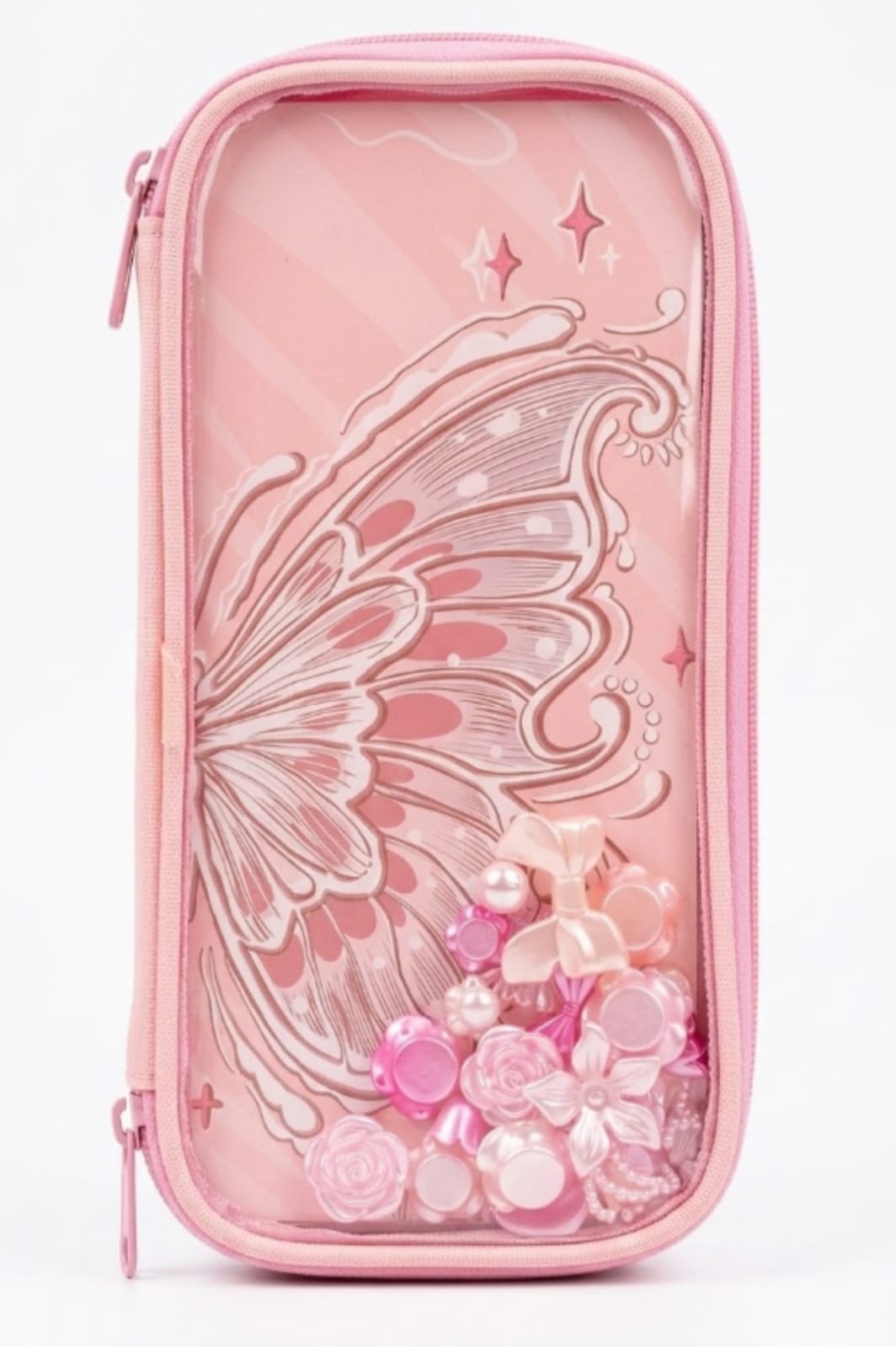 Aesthetic Butterfly Wing Pencil Case – Kawaii Pink Fairy Shaker Pencil Pouch, Large Capacity Stationery Organizer with Pearls, Beads & Flowers for Girls & Kids