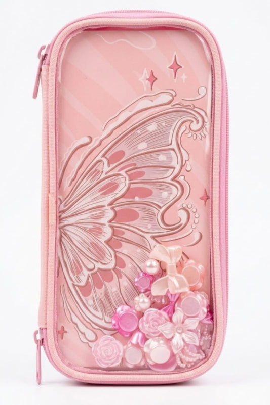 Aesthetic Butterfly Wing Pencil Case – Kawaii Pink Fairy Shaker Pencil Pouch, Large Capacity Stationery Organizer with Pearls, Beads & Flowers for Girls & Kids