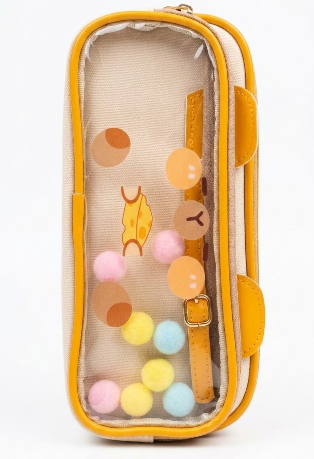 Cute Bear Cheese Pencil Case – Kawaii Yellow Shaker Pencil Pouch, Large Capacity Canvas Stationery Organizer with Soft Pom-Poms for Girls & Students