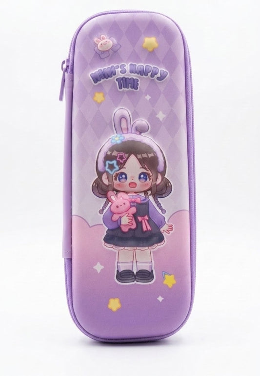 Cute Cartoon Girl Pencil Case – Kawaii Purple 3D EVA Hard Shell Pencil Pouch, Mimi's Happy Time Large Capacity Stationery Organizer for Girls & Students