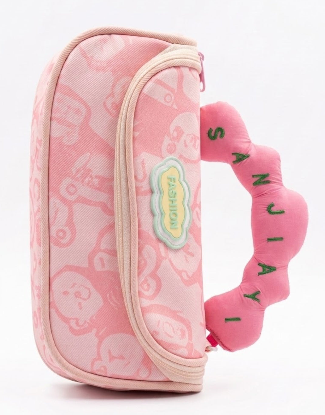 Cute Pink Canvas Pencil Case – Kawaii Large Capacity Stationery Pouch, Multi-Layer Pen Case Organizer with Plush Wavy Handle for Girls & School Students